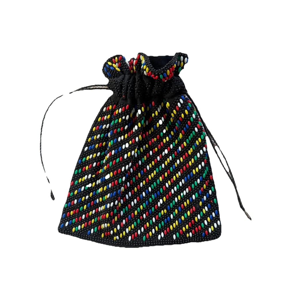 Vintage 60s‎ Beaded Drawstring Purse: Colorful Oval Beads, Black Background